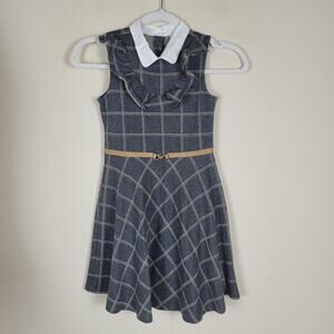 Janie And Jack Dress 8 Gray Plaid Knit Sleeveless Collared Belted Windowpane